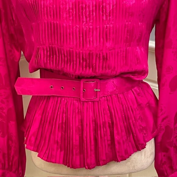 Vintage Argenti 100% Silk Satin Pleated Peplum Blouse Puff Sleeve Pink 12 - Picture 4 of 10